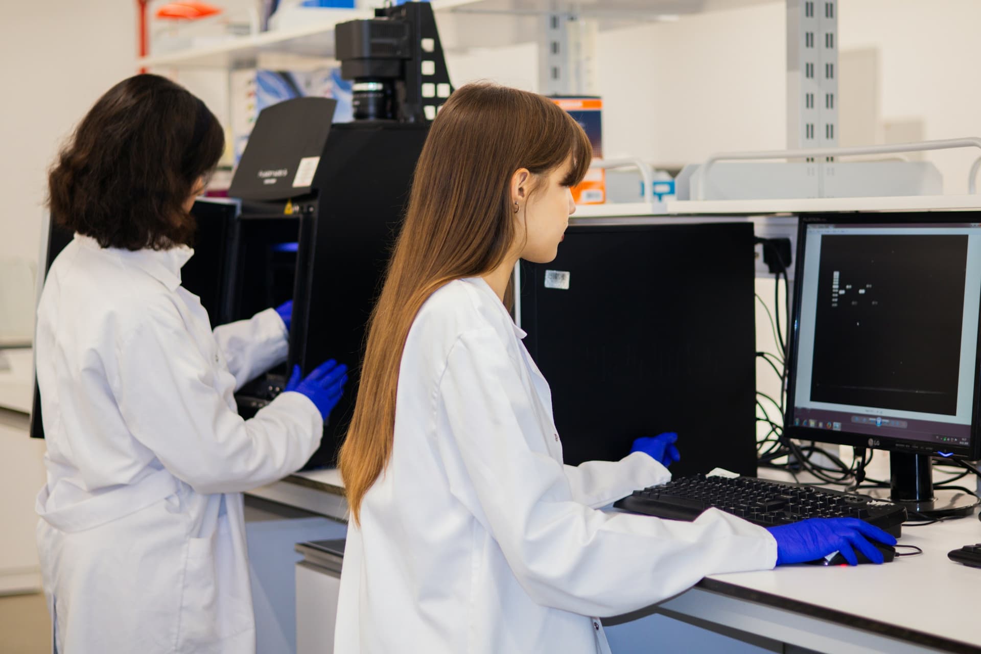 Due scienziati che lavorano sui computer in un laboratorio